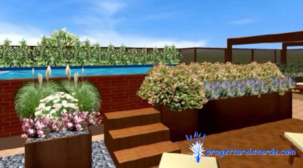 piscina fuori terra con scala legno gazebo fiorirere corten