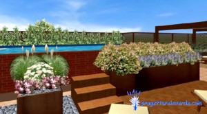 piscina fuori terra con scala legno gazebo fiorirere corten