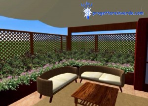 terrazza in condominio con piante poltrone in vimini e tavolo in legno