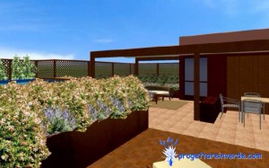 terrazza in condominio con fioriere in ferro fiori e piscina fuori terra