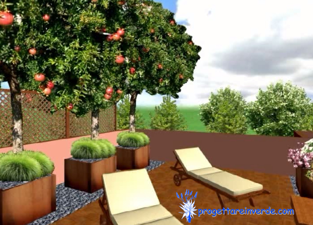 terrazza in condominio con pavimento in parquet alberi melograno con vasi in ferro corten sdraio