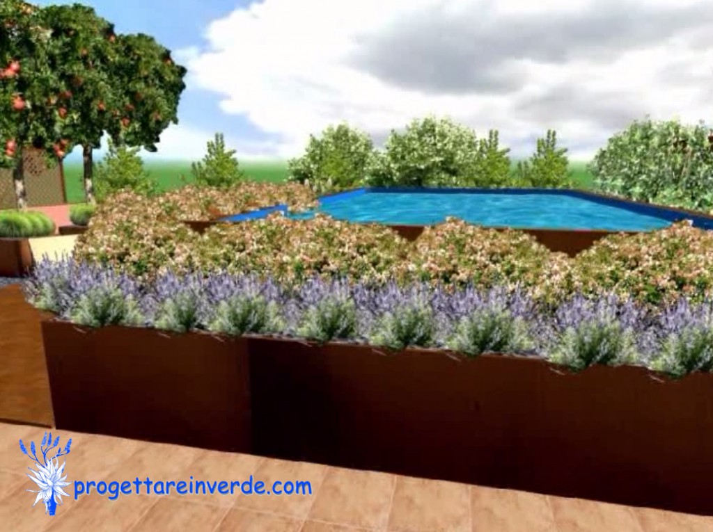 terrazzo in condominio con piscina fuori terra e piante