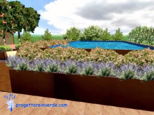 terrazzo in condominio con piscina fuori terra e piante