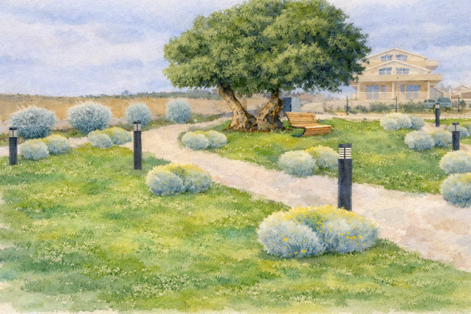 Visione paesaggistica per spazio verde condominiale fronte mare, stile mediterraneo