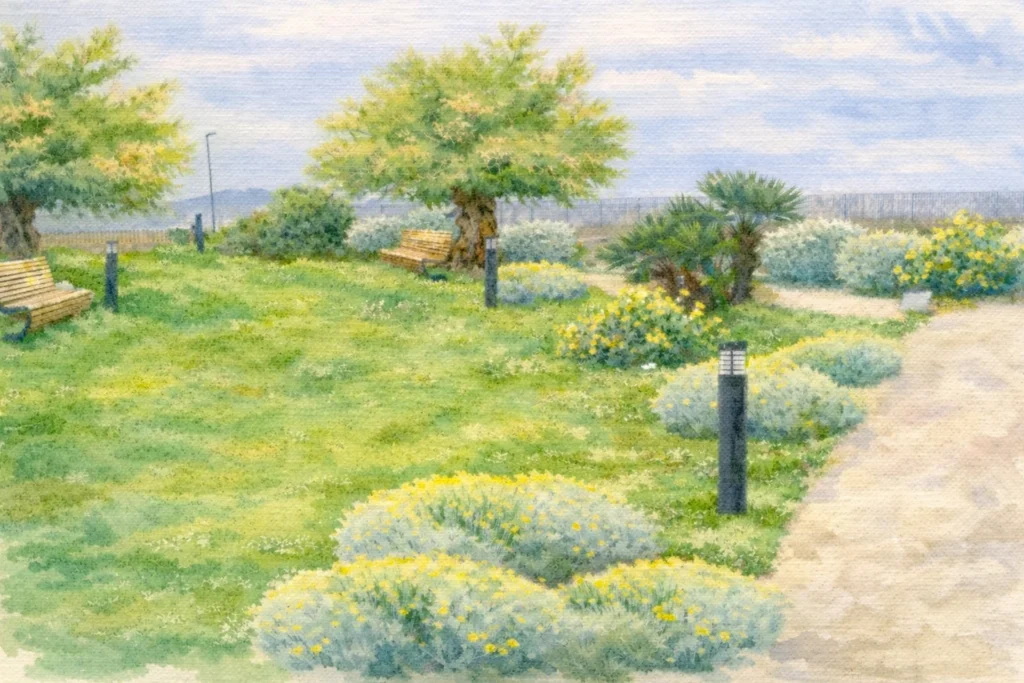 Concept design di giardino residenziale a Marzamemi: studio di percorsi e zone d'ombra